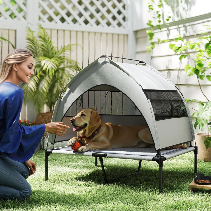 PawHut Elevated Dog Bed With Removable Canopy, Portable Outside Raised Pet Cot With Cooling Pad, Storage Bag