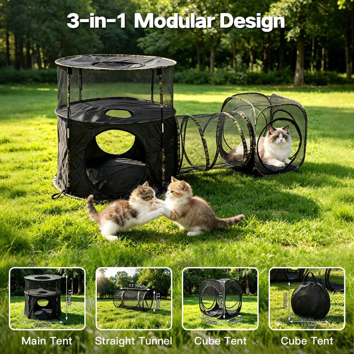 3 In1 Catio Outdoor Cat Enclosure, 2-Tier Cat Tents With Tunnels For Indoor Cats Pop Up Cube, Pet Tower Playpen With Tun