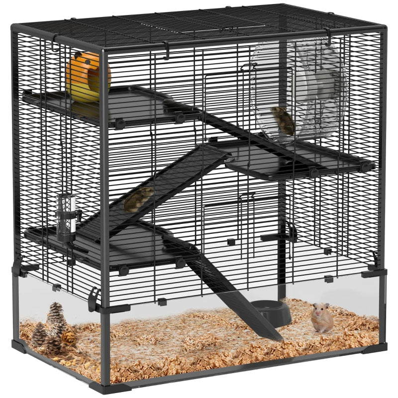 4 Tier Hamster Cage With Deep Tempered Glass Bottom, Running Wheel, Hut, Water Bottle, Food Dish