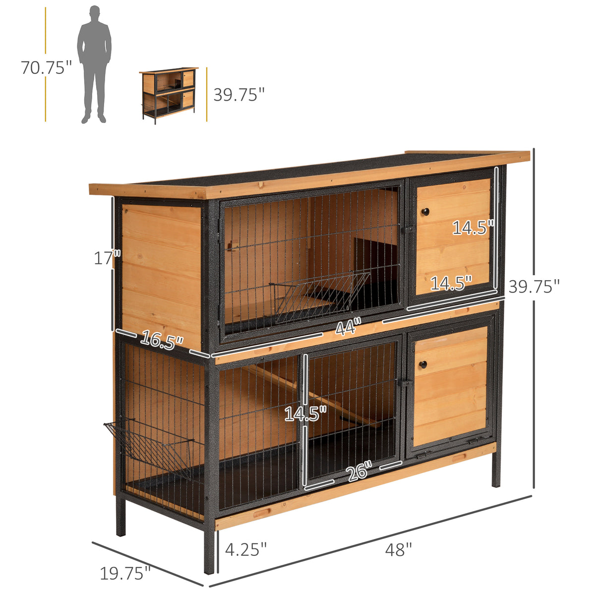 48" 2-Story Large Rabbit Hutch Bunny Cage Wooden Pet House Metal Frame with Rooms, Ramp, No Leak Tray, Feeding Trough, W
