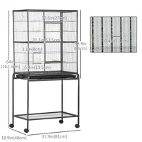 30'' Large Rolling Metal Bird Cage Bird House with Detachable Rolling Stand, Storage Shelf, Wood Perch Food Container - 