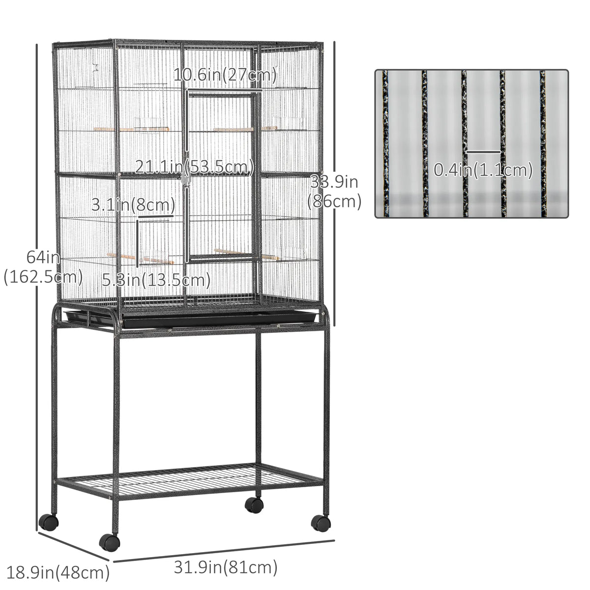 30'' Large Rolling Metal Bird Cage Bird House with Detachable Rolling Stand, Storage Shelf, Wood Perch Food Container - 