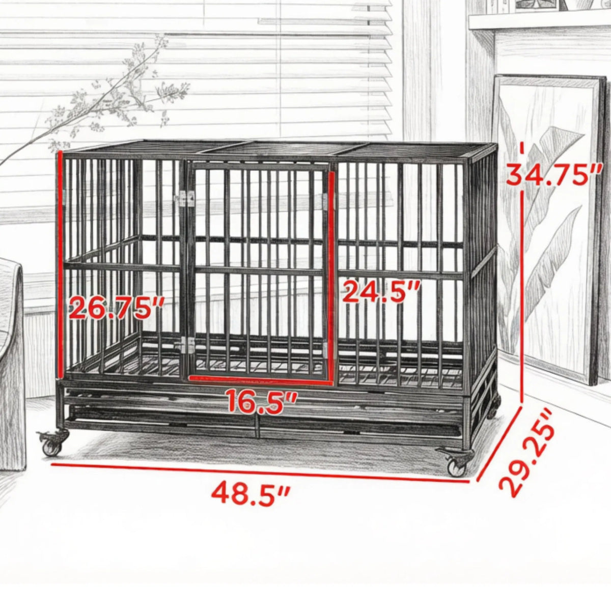 48" Heavy Duty Metal Dog Crate Kennel with Lockable Wheels Double Door Removable Tray Gray