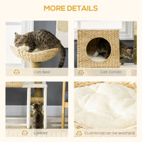 Cattail Weave Cat Tree for Indoor Cats Kitty Tower with Rattan Cat Condo, Wicker Bed, Ladder, Washable Cushions, 22.5" x