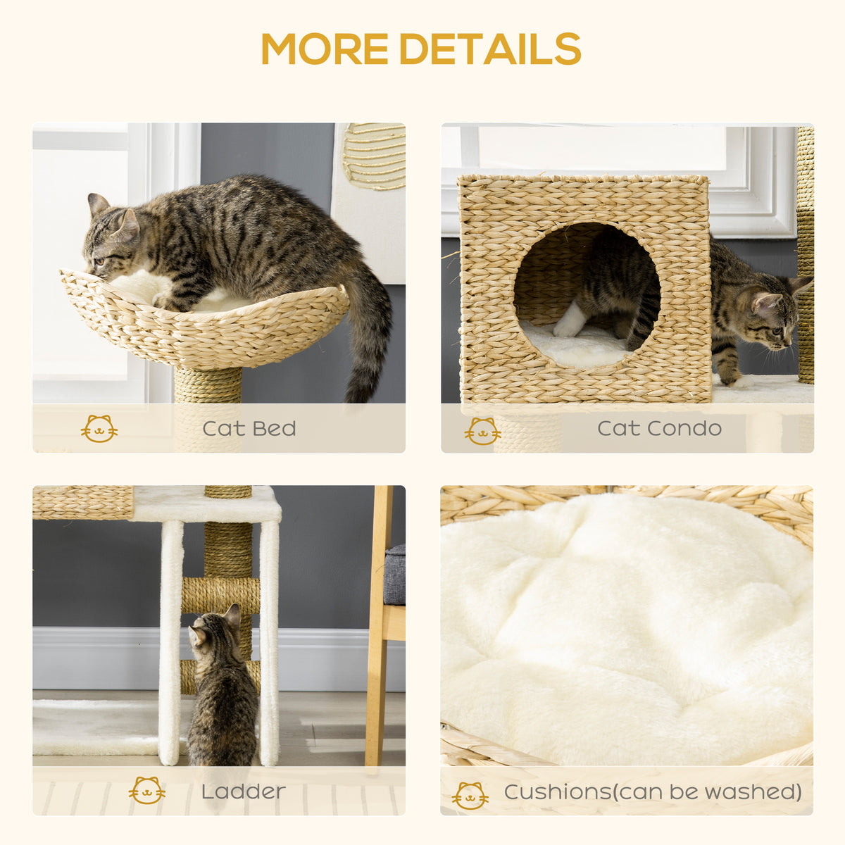 Cattail Weave Cat Tree for Indoor Cats Kitty Tower with Rattan Cat Condo, Wicker Bed, Ladder, Washable Cushions, 22.5" x