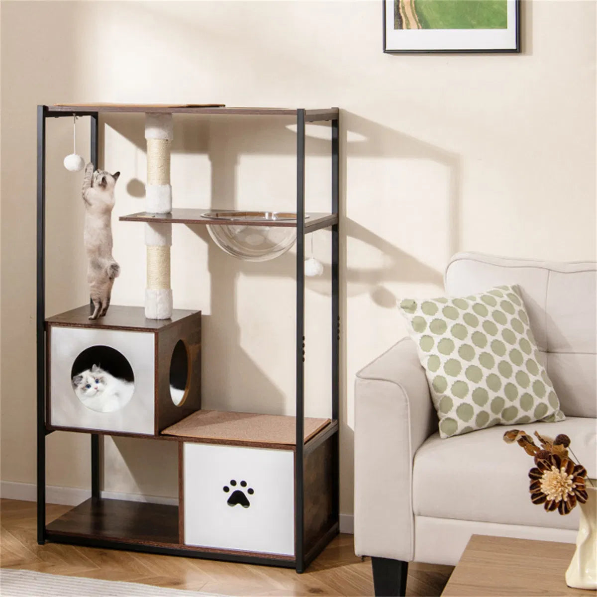 Stylish Wood-Metal Cat Tree - 33 lbs Per Layer Capacity, 2 Private Condos + 2 Relaxation Platforms, Complements Room Dec
