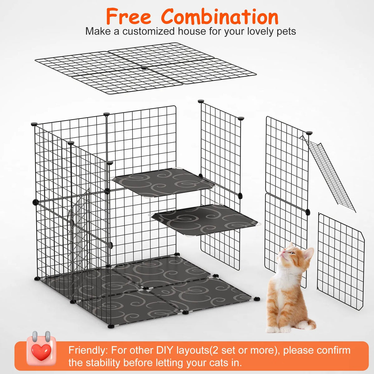 2Tier Cat Cage Playpen Indoor Pet Enclosures Kitten Kennel House Detachable Cat Crate with Climbing Ladder 2 Doors for 1