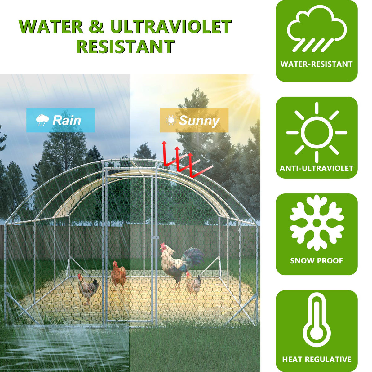 Large Chicken Coop Metal Chicken Run With Waterproof And Anti-UV Cover, Dome Shaped Walk-in Fence Cage Hen House For Out