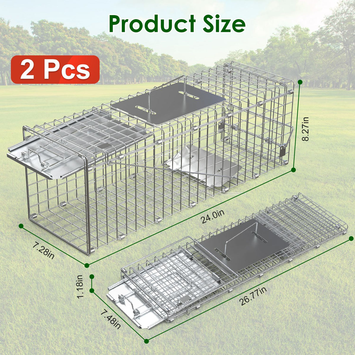 2Pcs 24X7.48X8.27IN Folding Humane Live Animal Trap Cages Easy To Catch And Release Foldable Cat Trap Galvanized Steel F