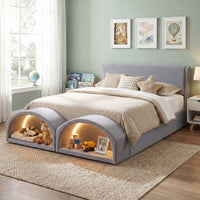 Queen Size Upholstered Platform Bed Frame with Dual Cat Caves, LED Lighted Pet Nests at Footboard, Gray