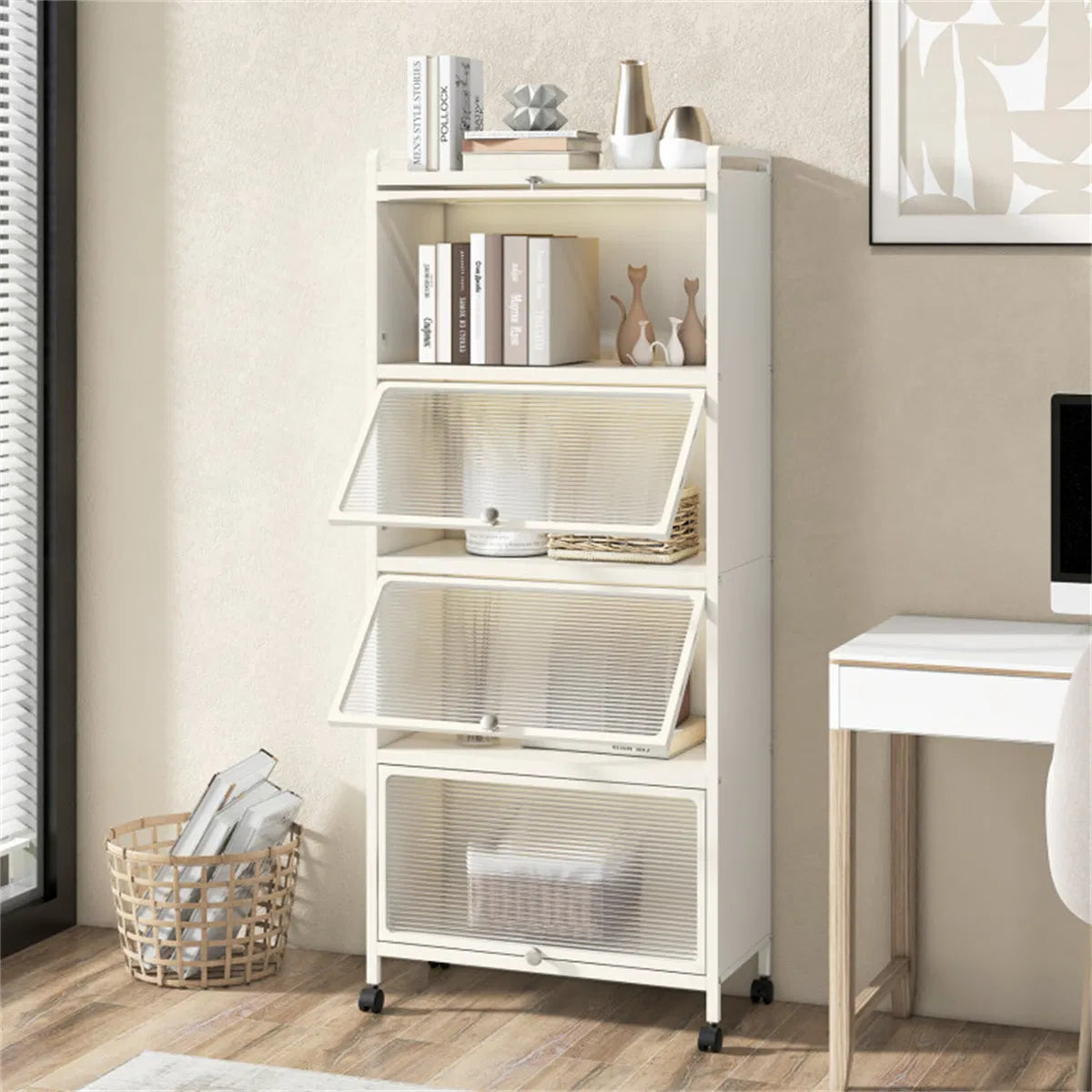 5-Tier Rolling Microwave Stand Flip Dust-Proof Doors 4 Casters with Brakes Kitchen Storage Rack White