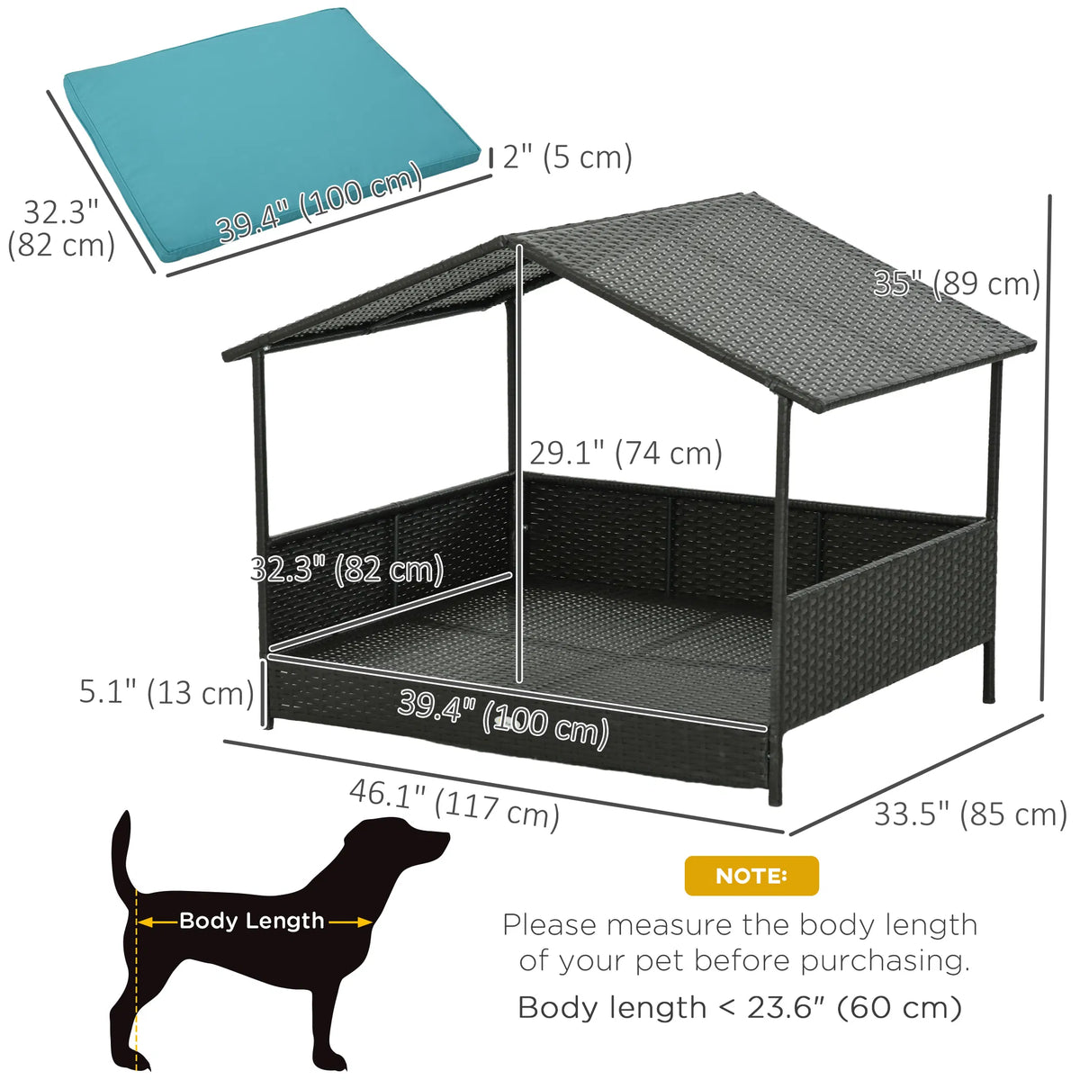 Outdoor Dog House Wicker Dog Bed with Soft Cushion Washable Cover, for Medium Large Dogs Indoor Outdoor, Blue