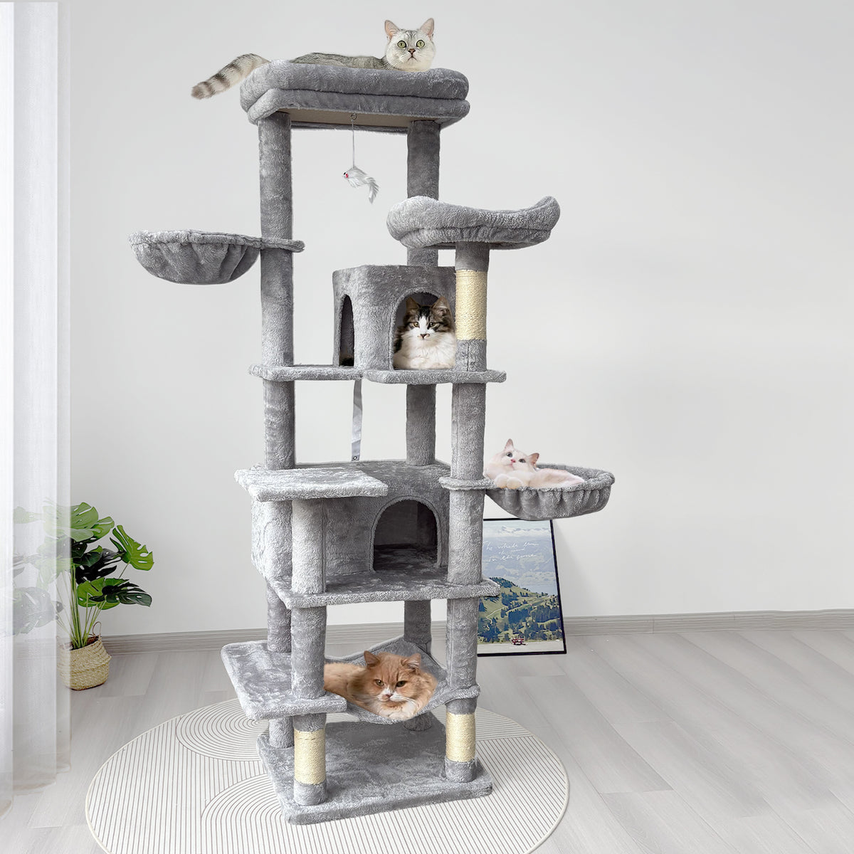68in Tall Multi-Level Green Cat Tree with Hammocks, Hanging Basket, Cat Cave, Removeable Cushion, Scratching Posts - Plu