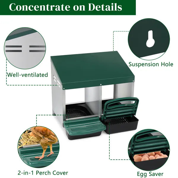 2 Compartment Roll Out Chicken Nesting Box With Plastic Basket, Egg Nest Box Chicken Laying Box Hens Chicken Coop Box, G