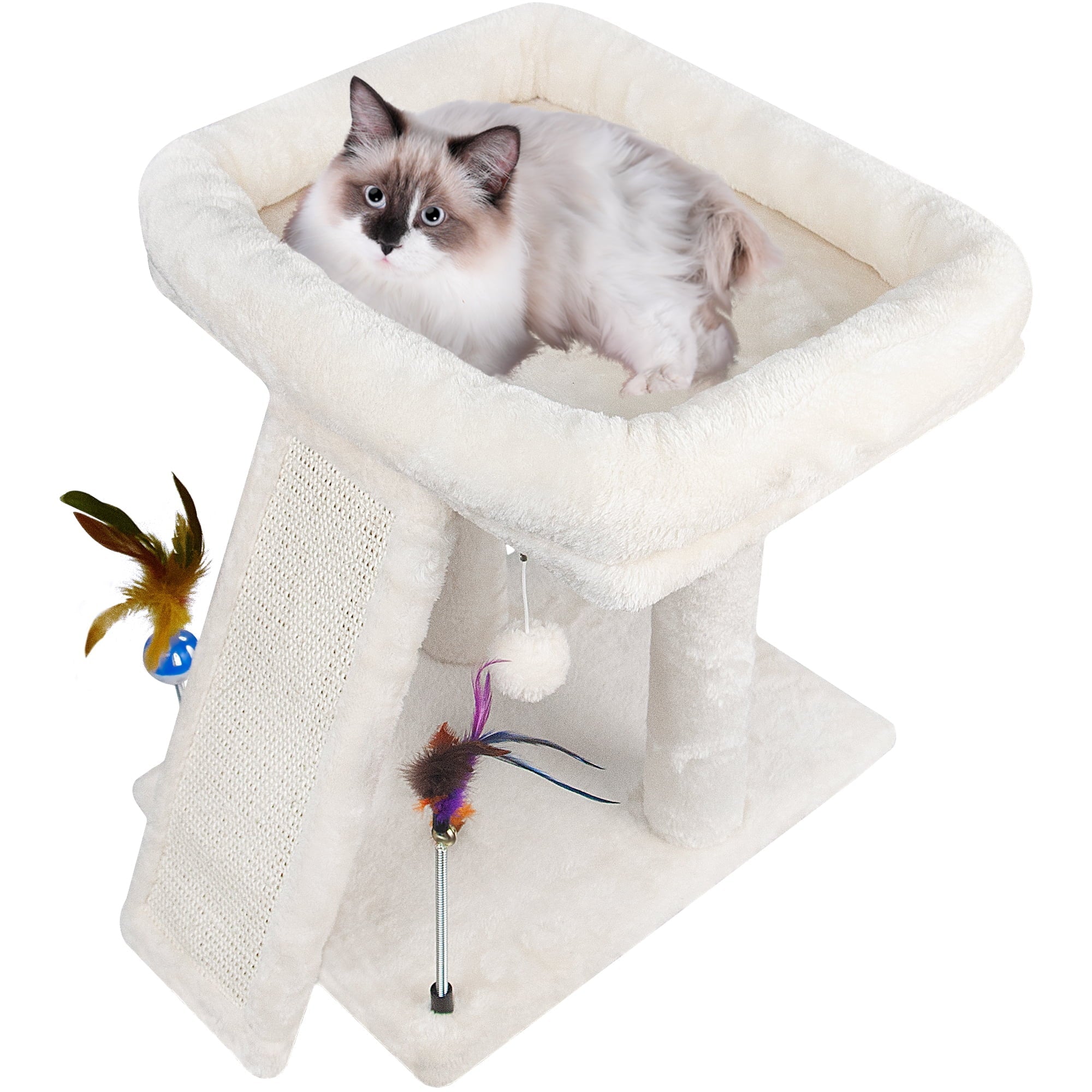 Cozy Beige Cat Tree with Condo, Scratch Post, Hammock & Fun Hanging Balls for Your Feline Friends - BIG FRENCHIES