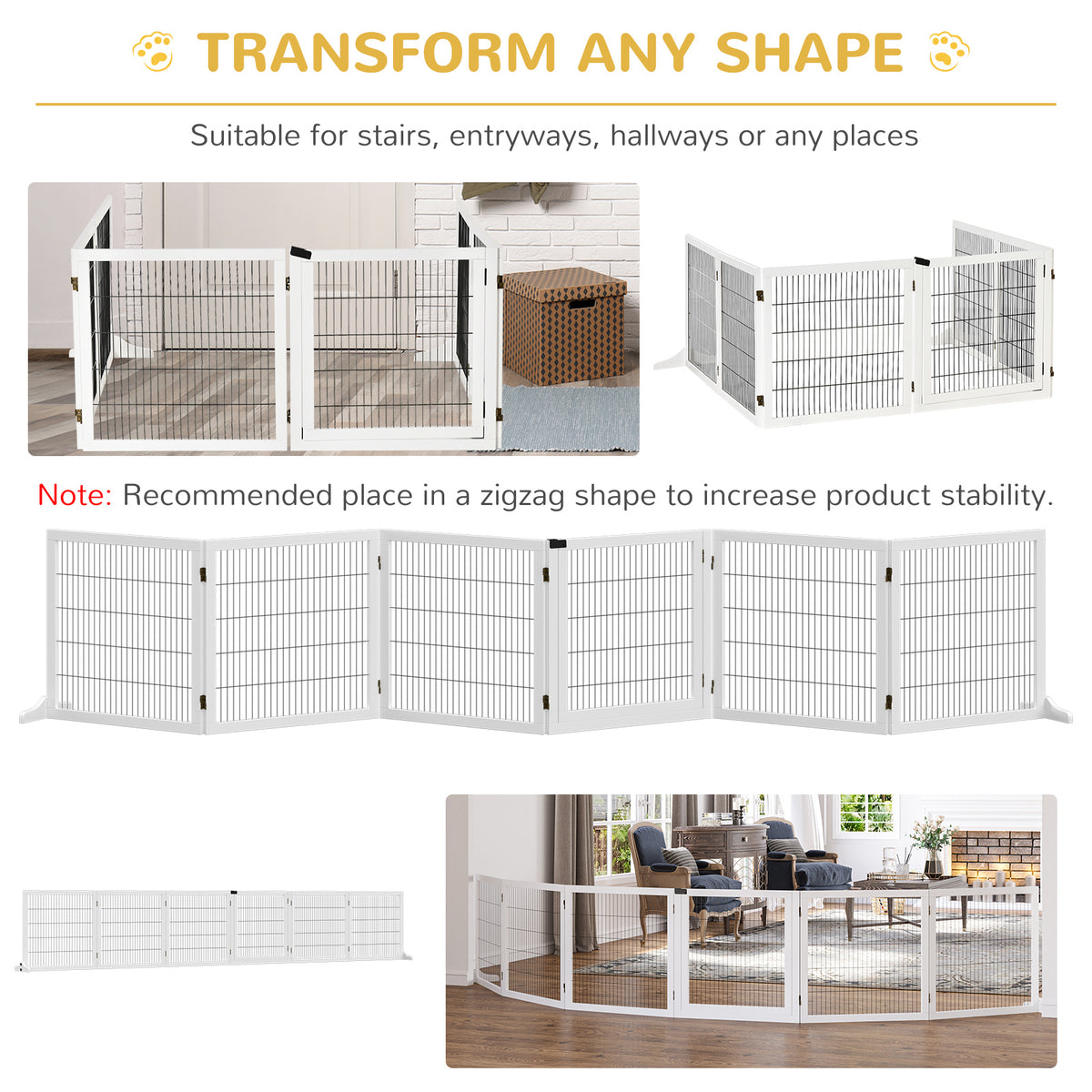 Wooden Pet Gate, 6-Panel Folding Dog Safety Barrier with Support Feet for Small & Medium Dogs, White