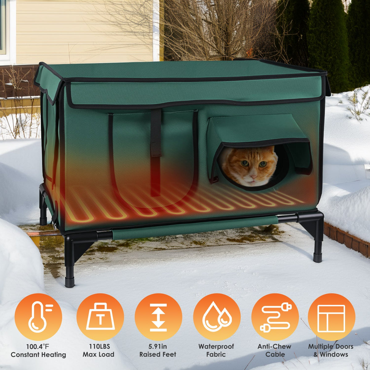 1Pc Waterproof Heated Cat House Outdoor Weatherproof Insulated Kitty Shelter Feral Cat Heating Bed With Heating Pad Anti