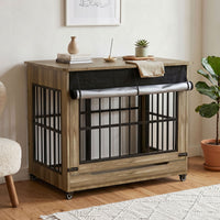 46in Large Dog Crate Furniture, Double Door Wooden Indoor Dog Kennel Furniture, Decorative Pet Cage End Table With Wheel