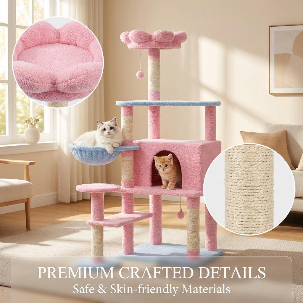 flower cat tree with large condo removable flower cushion and hammock pink