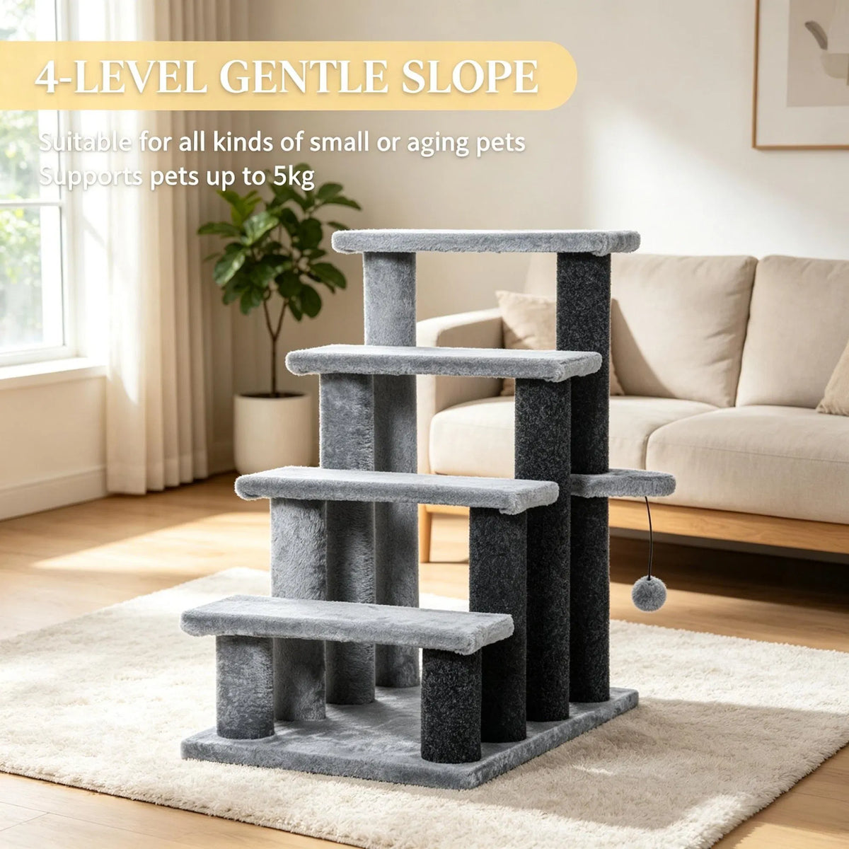 Cat Tree Tower with Cat Stair Steps, Scratching Post and Hanging Play Ball, for High Bed, Sofa, Indoor and Outdoor