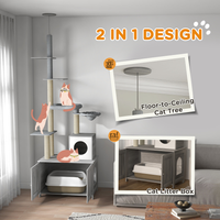 PawHut Cat Tree With Litter Box Enclosure, 2 In 1 Floor To Ceiling Cat Tower Litter Box Furniture With Condo, Bed, Hammo