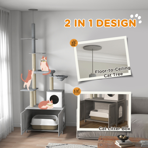PawHut Cat Tree With Litter Box Enclosure, 2 In 1 Floor To Ceiling Cat Tower Litter Box Furniture With Condo, Bed, Hammo