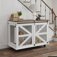 47.2 Mobile Dog Crate With Flip-Top Feeding Door, Dual-Access & 5 Caster System 2 Locking, Side Hooks - Multi-Functional