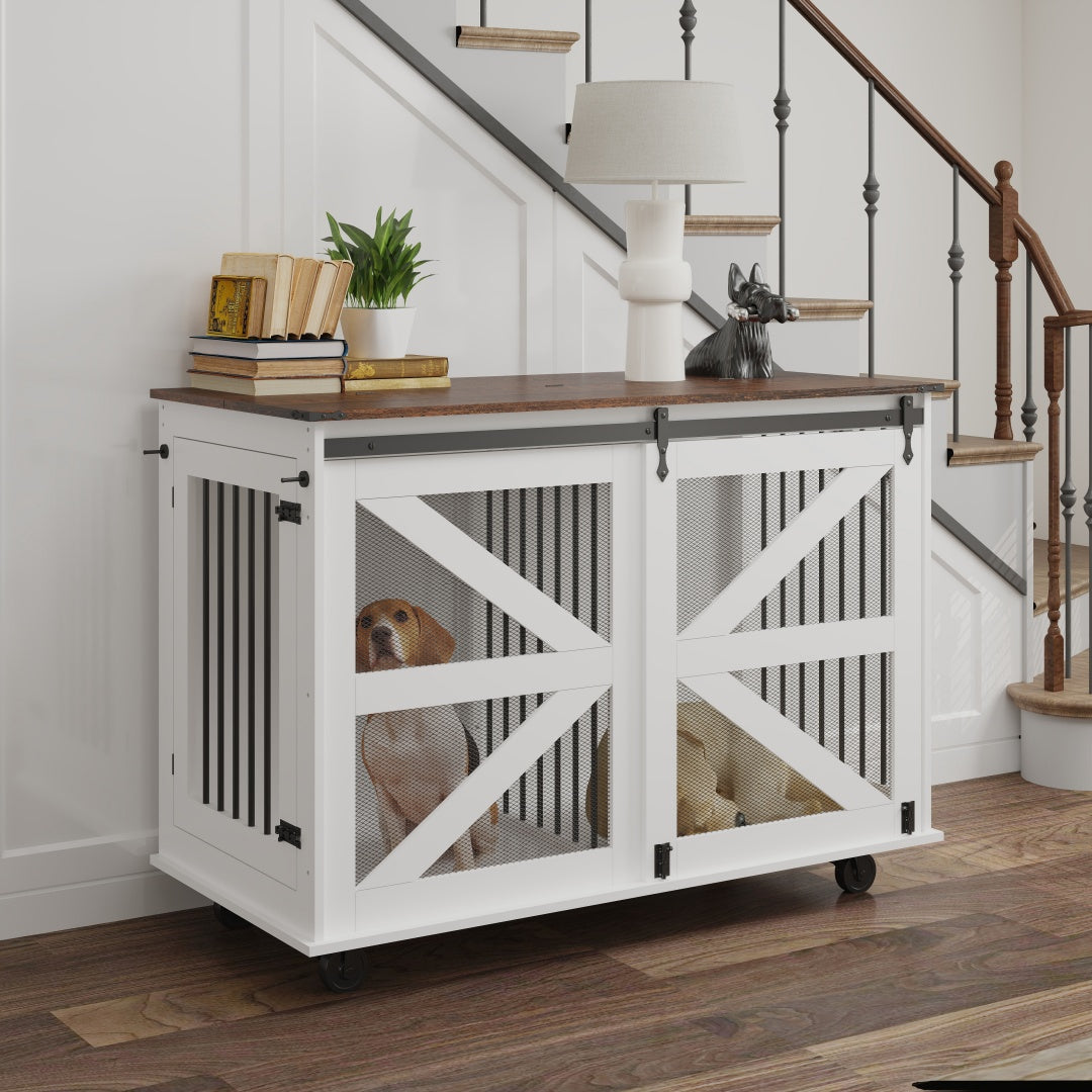 47.2 Mobile Dog Crate With Flip-Top Feeding Door, Dual-Access & 5 Caster System 2 Locking, Side Hooks - Multi-Functional