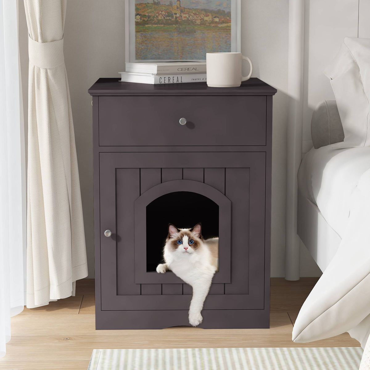 Wooden Pet House Cat Litter Box Enclosure With Drawer, Side Table Indoor Pet Crate