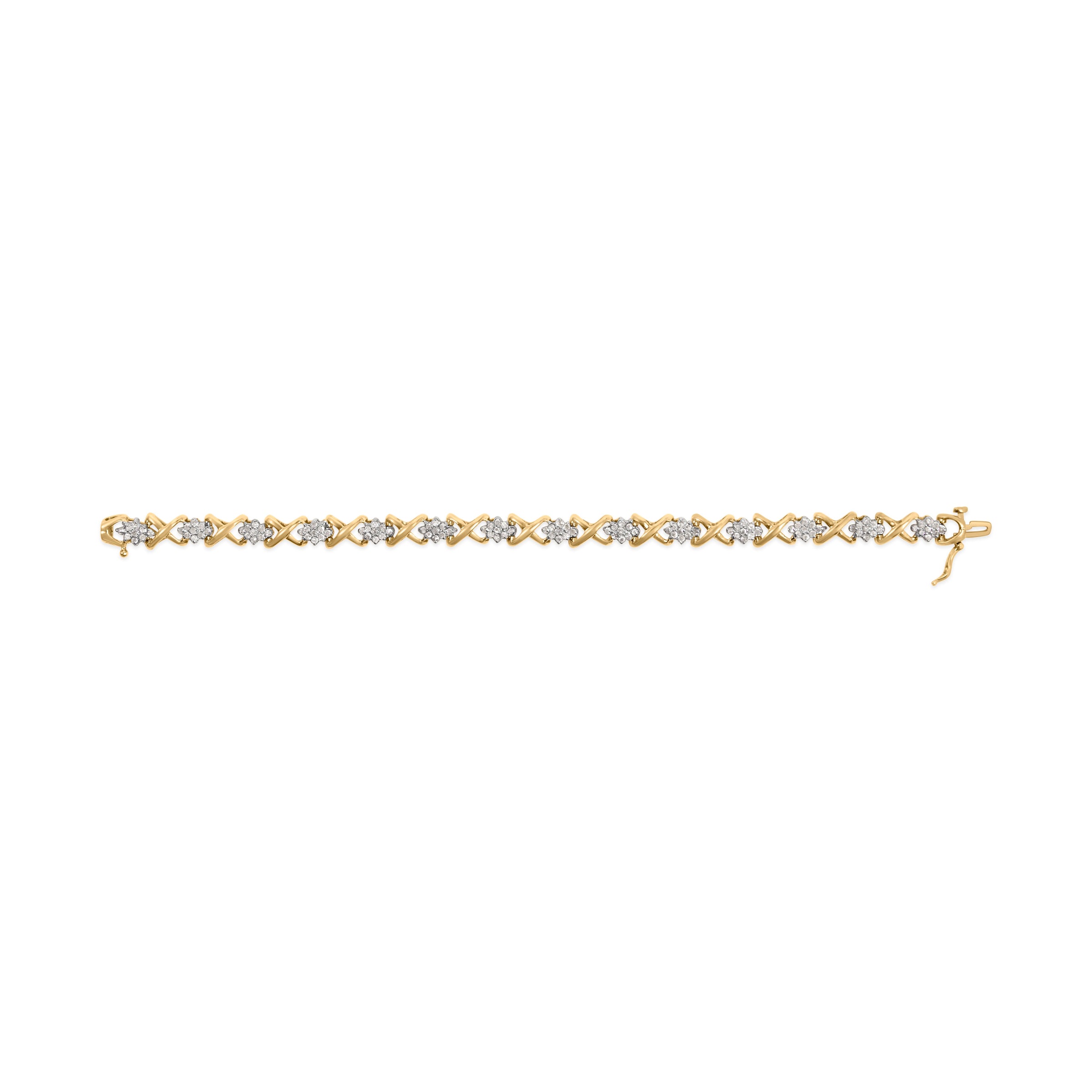 10k Yellow Gold 2.00 Cttw Diamond Cluster and Alternating "X" Link Bracelet (I-J Color, I3 Clarity) - 7"