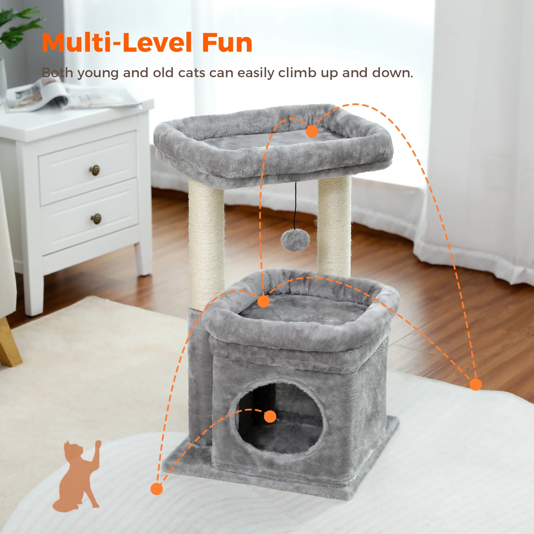 Cozy Gray Cat Tree Condo - 27" Multi-Level Tower with Spacious Perch and Scratching Posts for Kittens and Medium Cats - BIG FRENCHIES