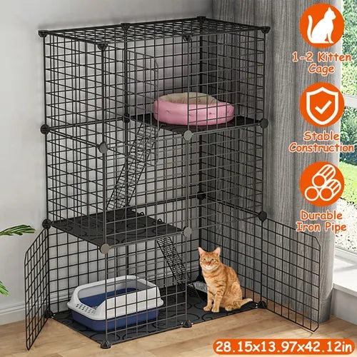 3 Tier Cat Playpen Cage Metal Indoor Cat House Detachable Kitten House with 3 Doors 2 Ladders Large Cat Exercise Place f