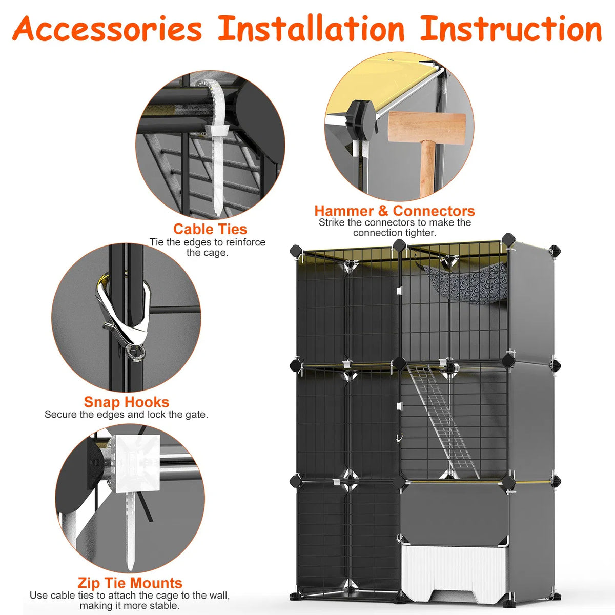 1Pc 3 Tier Cat Cage Indoor with Litter Box Hammock Detachable Metal Wire Cat Kennel Cat House Cat Enclosure with Ladder 