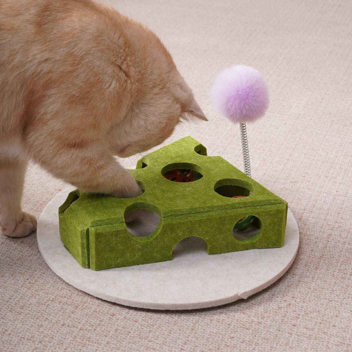 Cat Puzzle Toy With Ball And Spring-loaded Wand Felt Indoor Cat Toy Box Suction Cup Base Treat Puzzle Helps Cats Play In