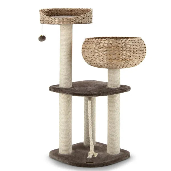 41 Inch Hand-Woven Water Hyacinth Cat Tree, 3 Sisal Scratching Posts Multi-Level Activity Center For Cats-Brown