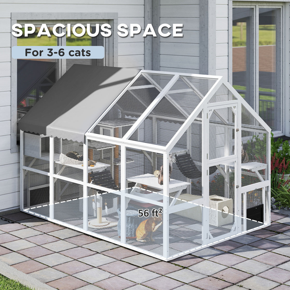 Wooden Catio Outdoor Cat Enclosure with Waterproof Cover, 2 Condos, 6 Platforms, Bridge, Doors, White