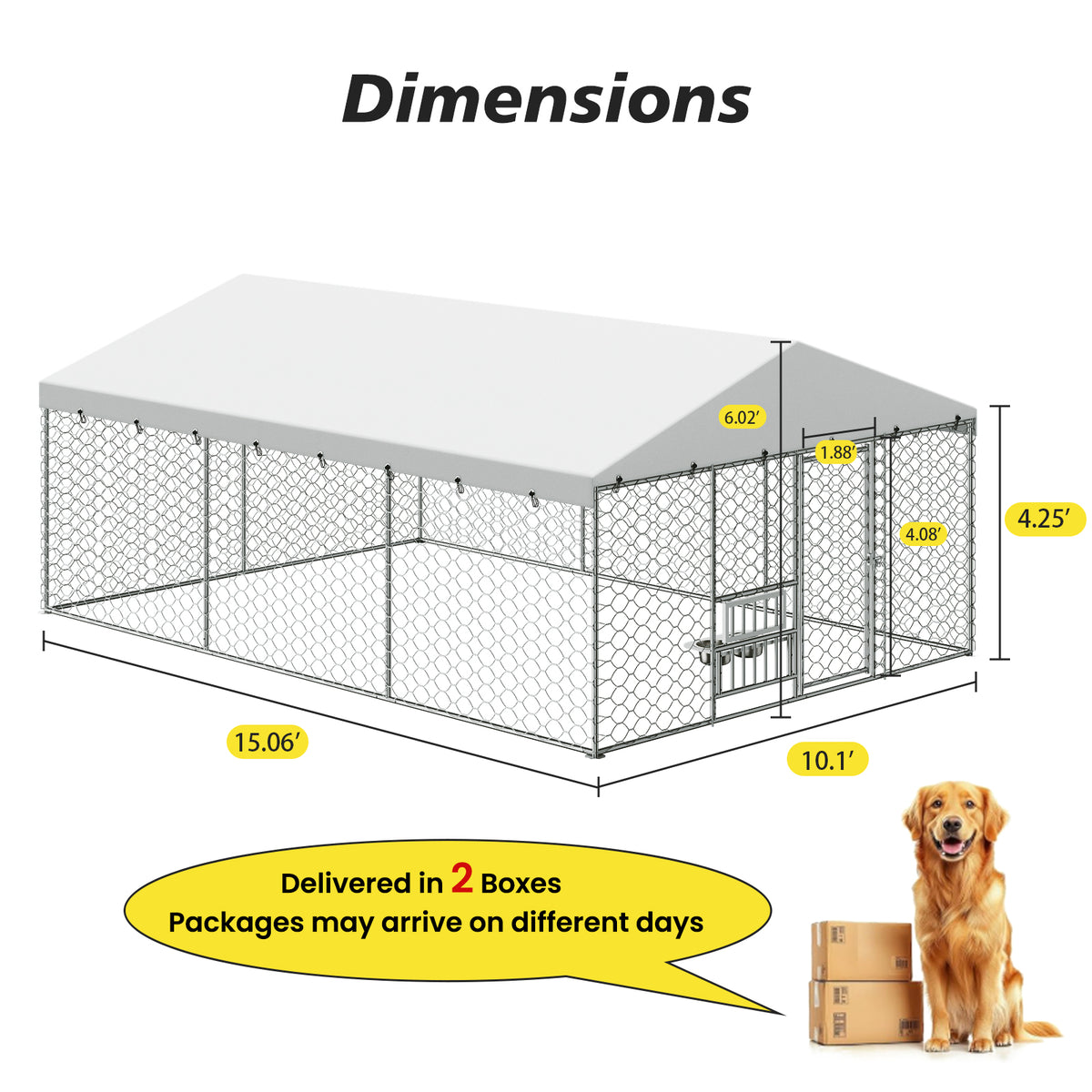 15x10 FT Large Outdoor Dog Kennel with Canopy, Heavy Duty Galvanized Steel Frame, Waterproof Cover, Built-in Elevated Fe