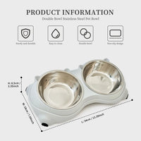 Anti Slip Base Double Cat Food Bowl, Gray Stainless Steel Food And Water Bowl, Easy To Clean And Detachable Design, Cat 