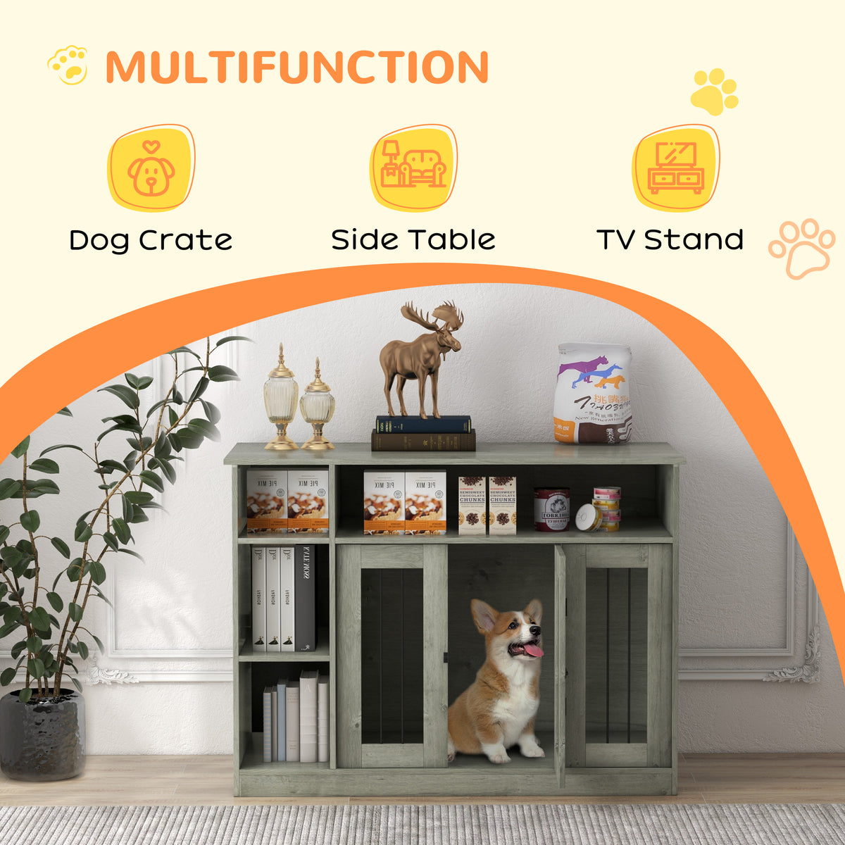 47" Dog Crate Furniture with Storage, for Large Medium Dogs, Gray
