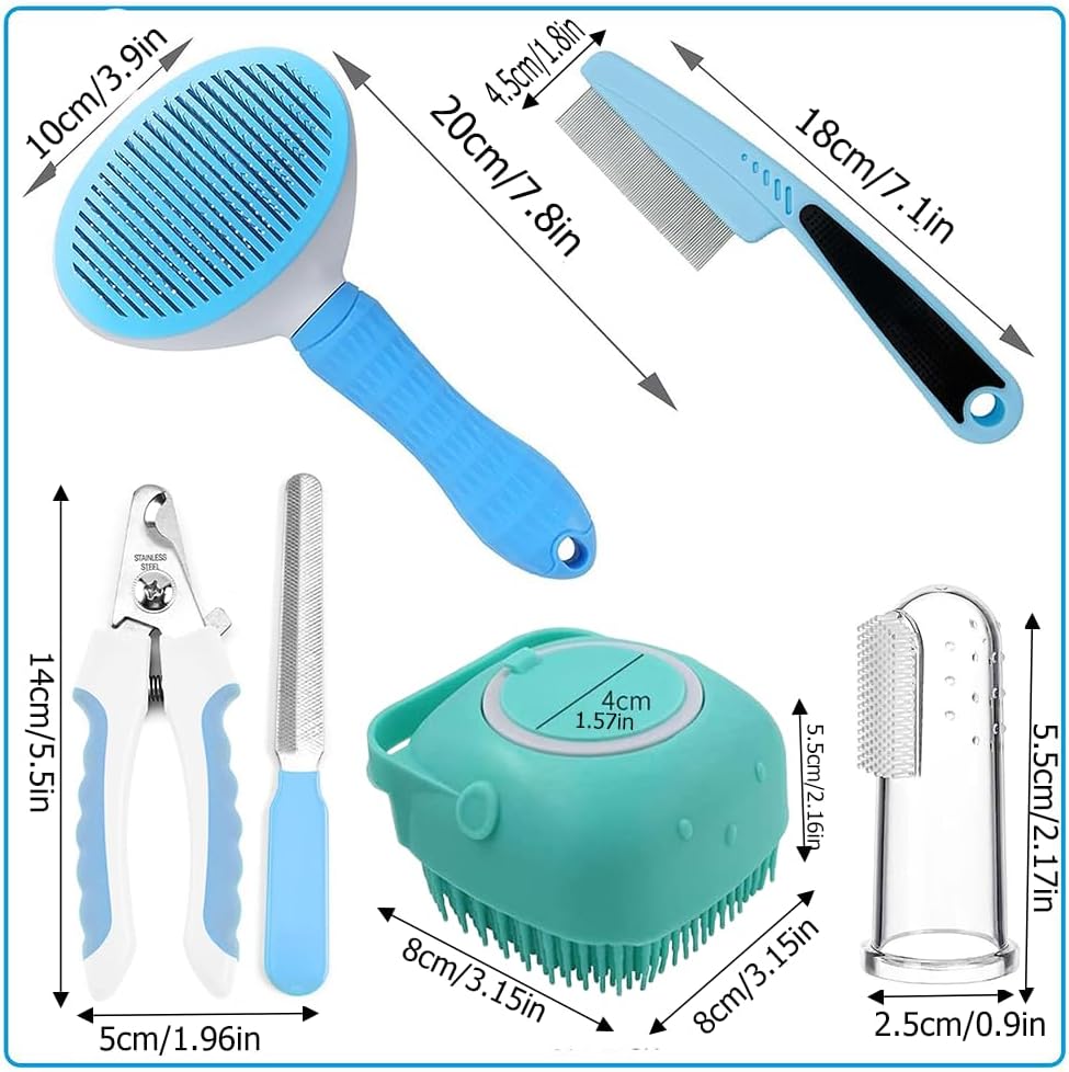 7pcs Pet Grooming Kit, Self-Cleaning Brush Shedding Kit With Nail Clipper, Flea Comb, Shampoo Bath Brush, Finger Toothbr