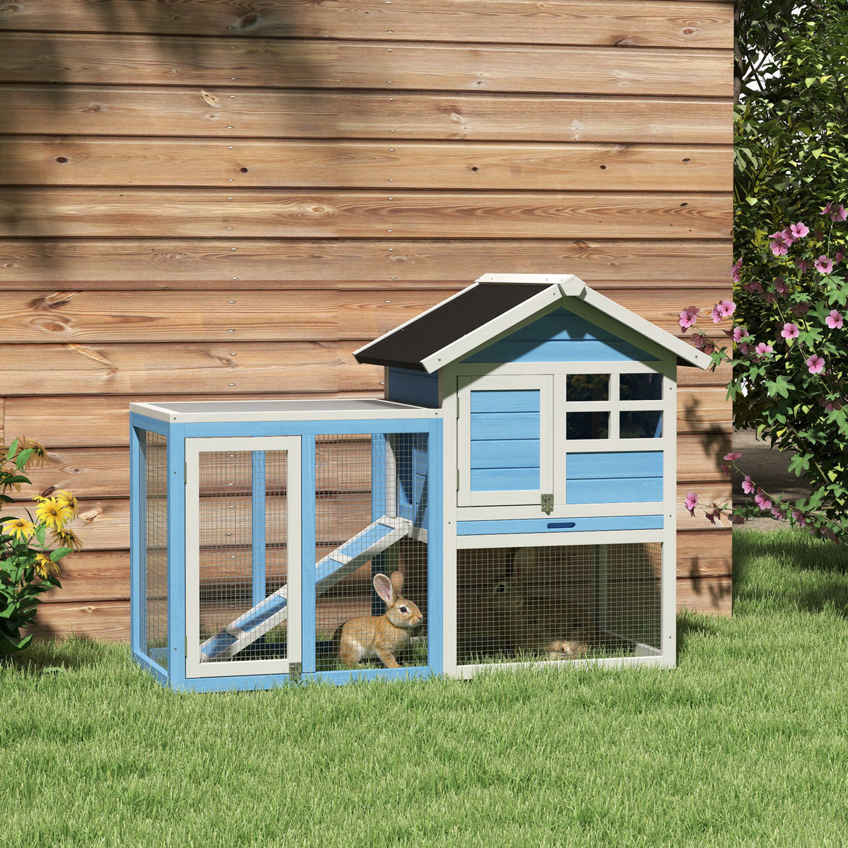 48" Wooden Rabbit Hutch Bunny Cage with Waterproof Asphalt Roof, Fun Outdoor Run, Removable Tray and Ramp, for Rabbits, 