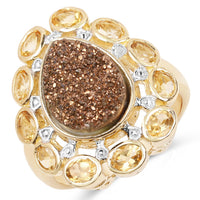 5.14 Carat Genuine Bronze Drusy and Citrine .925 Sterling Silver Ring
