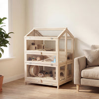 Wooden Hamster Cage, Large 3 Tier Hamster Cage w/ Pull-Out Tray, Openable Top, Hut, Seesaws, 26.8"L x 24.2"W x 35.4"H