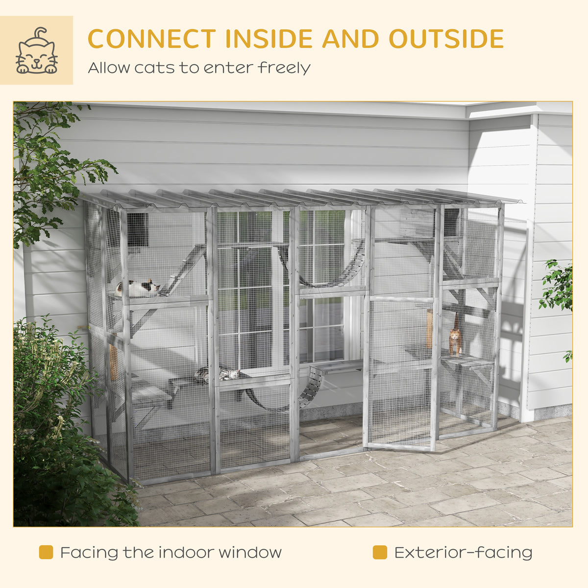 Catio Playground Cat Window Box Outside Enclosure for Multiple Cats w/ Shelves & Bridges, Gray