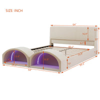 Queen Size Upholstered Platform Bed Frame with Dual Cat Caves, LED Lighted Pet Nests at Footboard, Beige