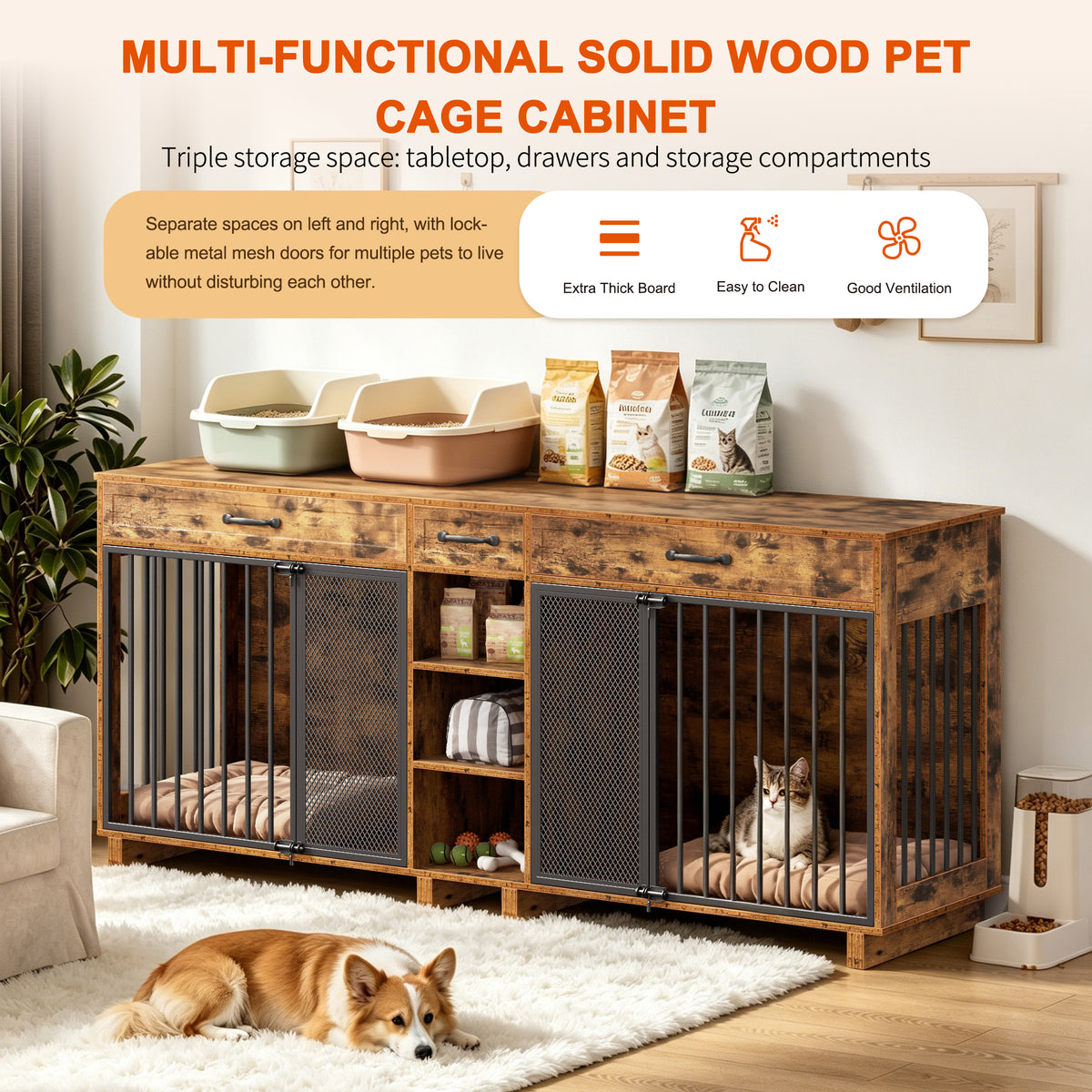 Large Wooden Dog Crate Furniture, Multi-Functional Pet Cage Cabinet with Storage