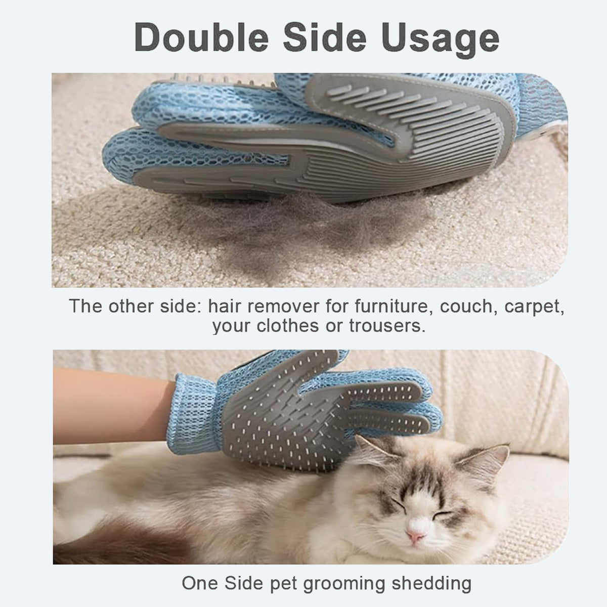 2in1 Double Sided Pet Grooming Glove, Deshedding Massage Brush Mitt For Cats & Dogs, Remove Loose Fur On Pets & Furnitur