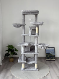 68in Tall Multi-Level Green Cat Tree with Hammocks, Hanging Basket, Cat Cave, Removeable Cushion, Scratching Posts - Plu
