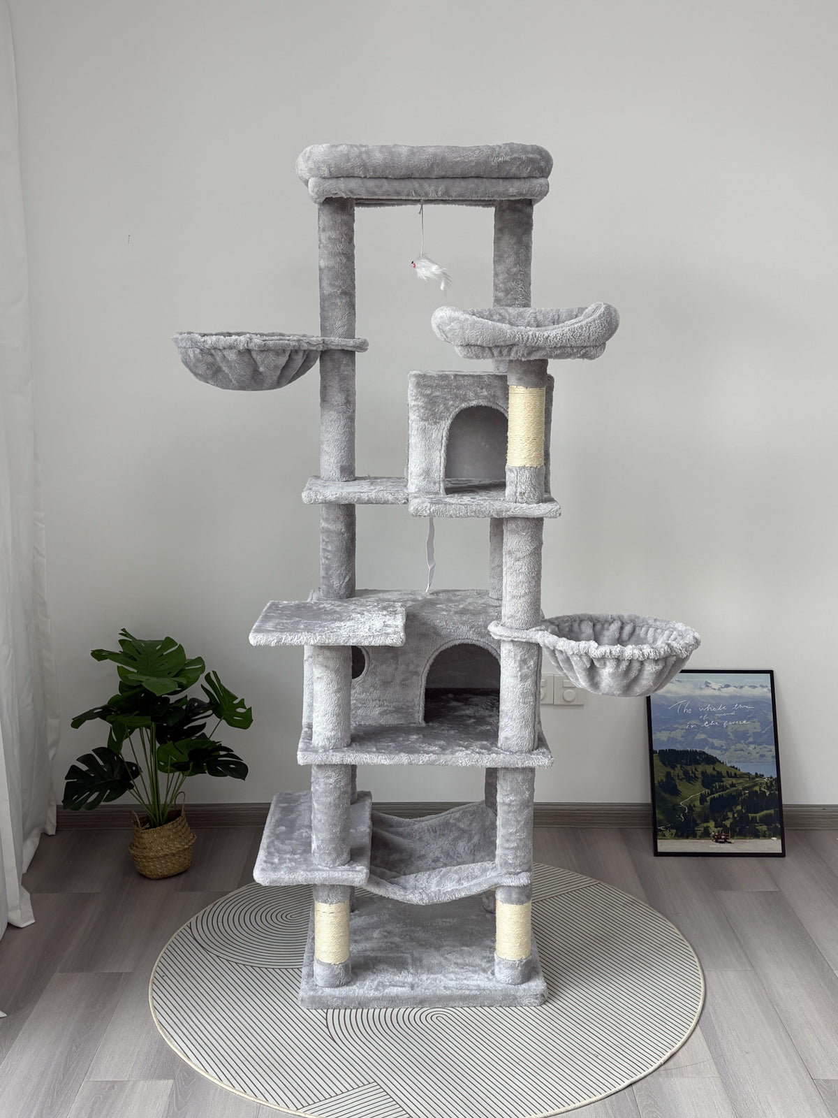 68in Tall Multi-Level Green Cat Tree with Hammocks, Hanging Basket, Cat Cave, Removeable Cushion, Scratching Posts - Plu