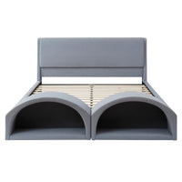 Queen Size Upholstered Platform Bed Frame with Dual Cat Caves, LED Lighted Pet Nests at Footboard, Gray
